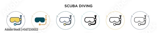 Scuba diving icon in filled, thin line, outline and stroke style. Vector illustration of two colored and black scuba diving vector icons designs can be used for mobile, ui, web
