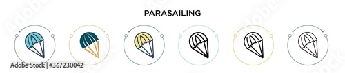 Parasailing icon in filled, thin line, outline and stroke style. Vector illustration of two colored and black parasailing vector icons designs can be used for mobile, ui, web