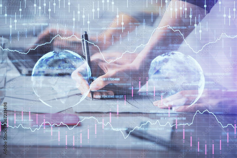 Multi exposure of woman hands typing on computer and financial chart hologram drawing. Stock market analysis concept. Multi exposure of woman hands typing on computer and financial chart hologram drawing. Stock market analysis concept.