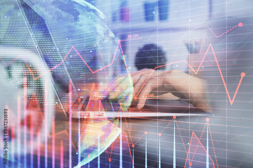 Double exposure of woman hands typing on computer and forex chart hologram drawing. Stock market invest concept. Double exposure of woman hands typing on computer and forex chart hologram drawing. Stock market invest concept.
