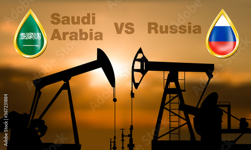 Saudi Arabia vs Russia, Oil production banner with silhouettes of oil pumps and flags drawn as oil drop vector illustration