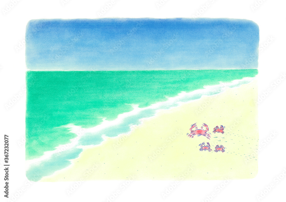 Obraz premium 水平線が見える広い海に向かって、カニの家族が走っている。背景には、青い海