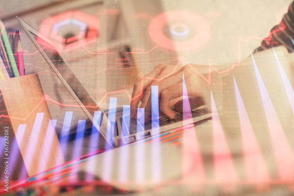 Double exposure of woman hands typing on computer and forex chart hologram drawing. Stock market invest concept. Double exposure of woman hands typing on computer and forex chart hologram drawing. Stock market invest concept.
