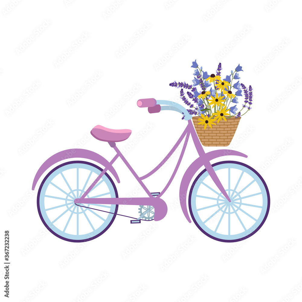 Bicycle with wildflowers in a basket on a white isolated background.