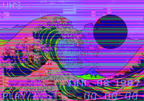 Fotografiet View on the Mount Fuji and ocean's crest leap on glitched screen with  flickers and stripes