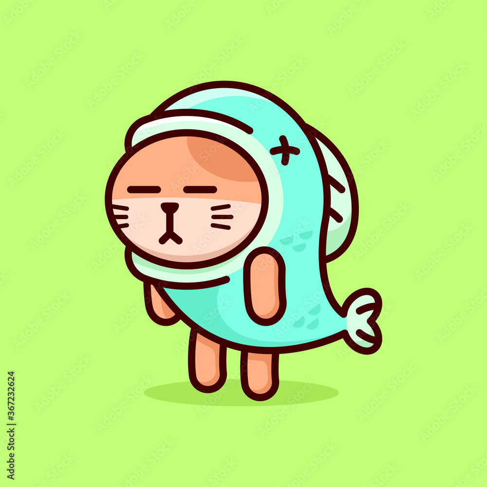 Fototapeta premium FUNNY CAT WEARING FISH COSTUME ILLUSTRATION