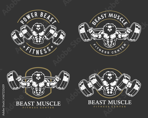 Lion with strong body, fitness club or gym logo set. Design element for company logo, label, emblem, apparel or other merchandise. Scalable and editable Vector illustration