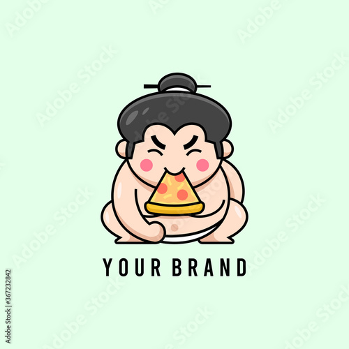 CUTE JAPANESE SUMO EATING PIZZA LOGO