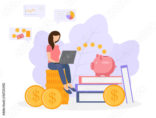 Finance Savings Concept. A young woman works at a laptop to study and fulfill financial savings. Coins fly into the piggy bank. Charts and graphics around.