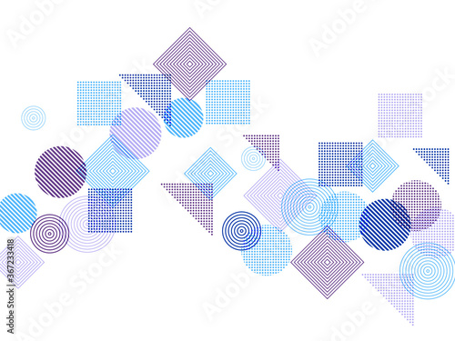 Flying halftone geometric shapes vector pattern graphic design.