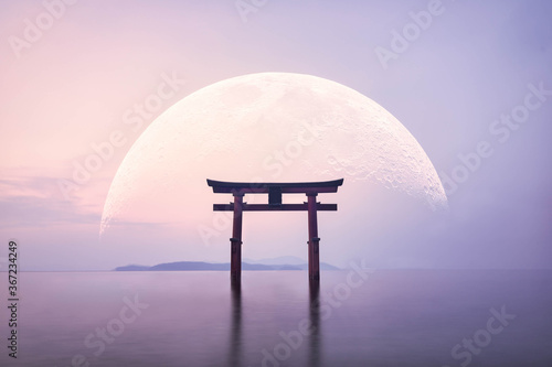 Quadro su tela 大きな月と鳥居