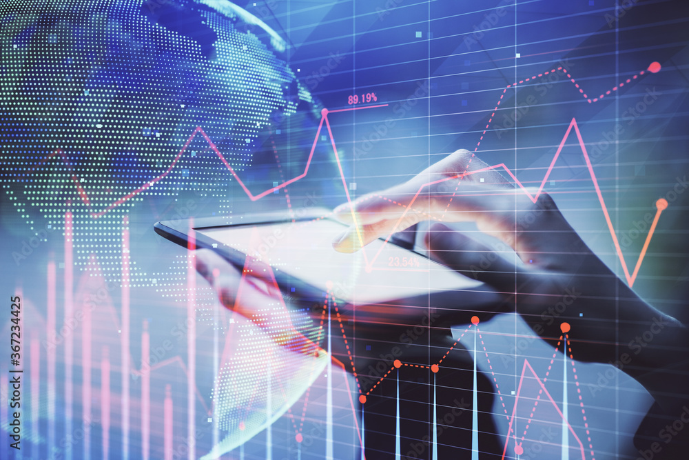 Double exposure of forex chart sketch hologram and woman holding and using a mobile device. Financial market concept. Double exposure of forex chart sketch hologram and woman holding and using a mobile device. Financial market concept.