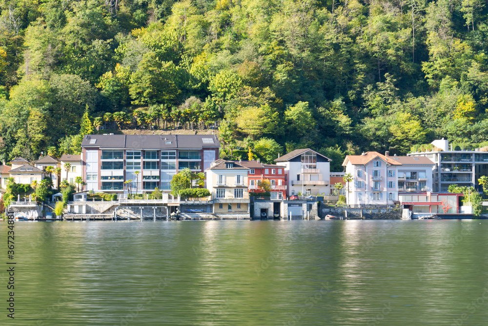 Fototapeta premium landscape of Lugano Lake near Morcote town in Switzerland