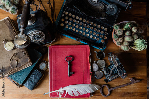 vintage still life with old books and keys