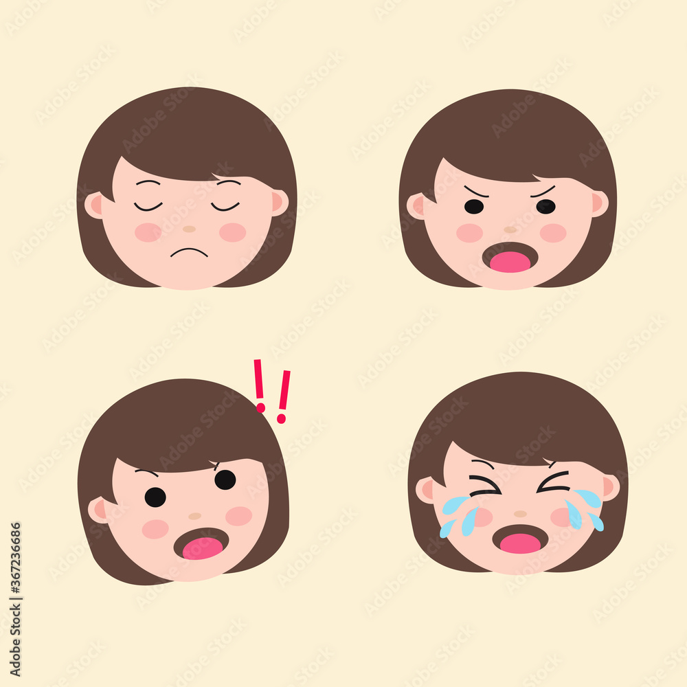 Set Cute Girl Emoticon Negative emotion Vector Set Cute Girl Emoticon Negative emotion Vector