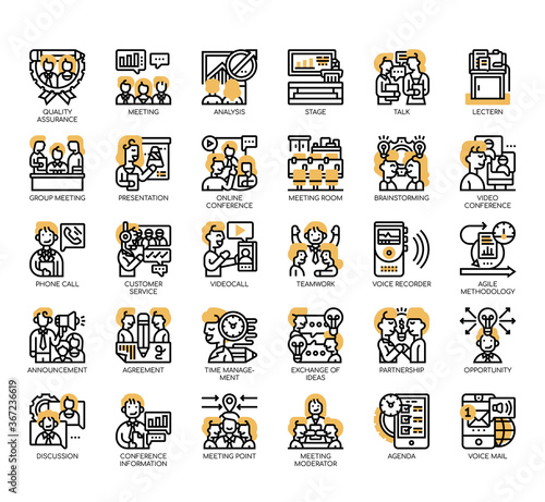 Set of meeting and conference thin line and pixel perfect icons for any web and app project.