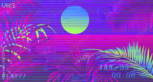 Ambient cyberpunk scene with palm leaves on glitched screen with VHS flickers and stripes. Retro 80's style vibe.