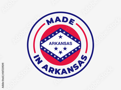 "Made in Arkansas" vector icon. Illustration with transparency, which can be filled with white, or used against any background. State flag encircled with text and lines.