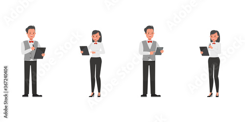 Set of waiters, man and woman character vector design. Presentation in various action.