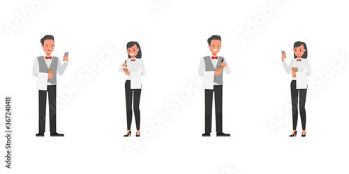 Set of waiters, man and woman character vector design. Presentation in various action.