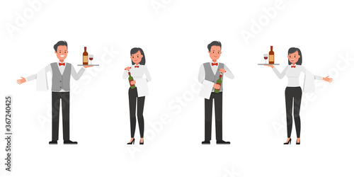 Set of waiters, man and woman character vector design. Presentation in various action.
