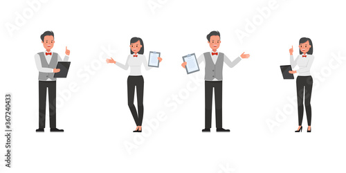 Set of waiters, man and woman character vector design. Presentation in various action.
