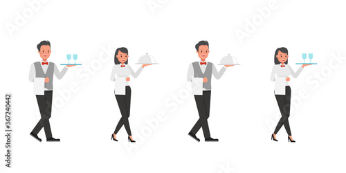 Set of waiters, man and woman character vector design. Presentation in various action.