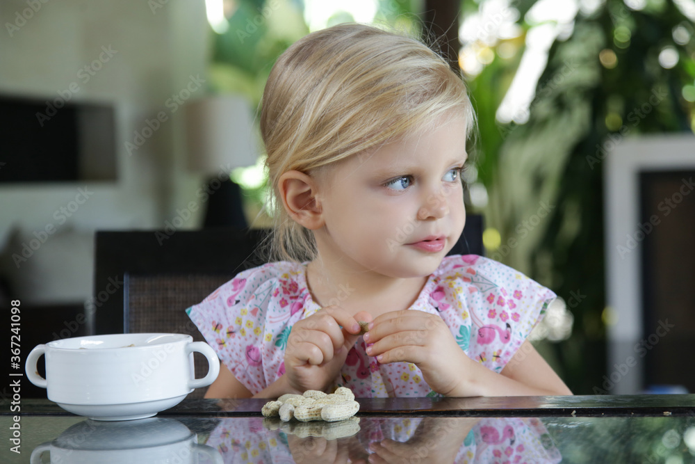 Toddler girl eating peanuts in shell on the kitchen table Toddler girl eating peanuts in shell on the kitchen table