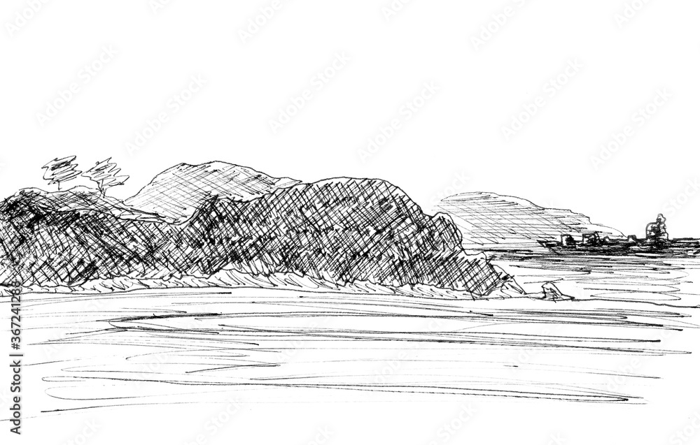 seascape, graphic black and white pattern, travel sketch