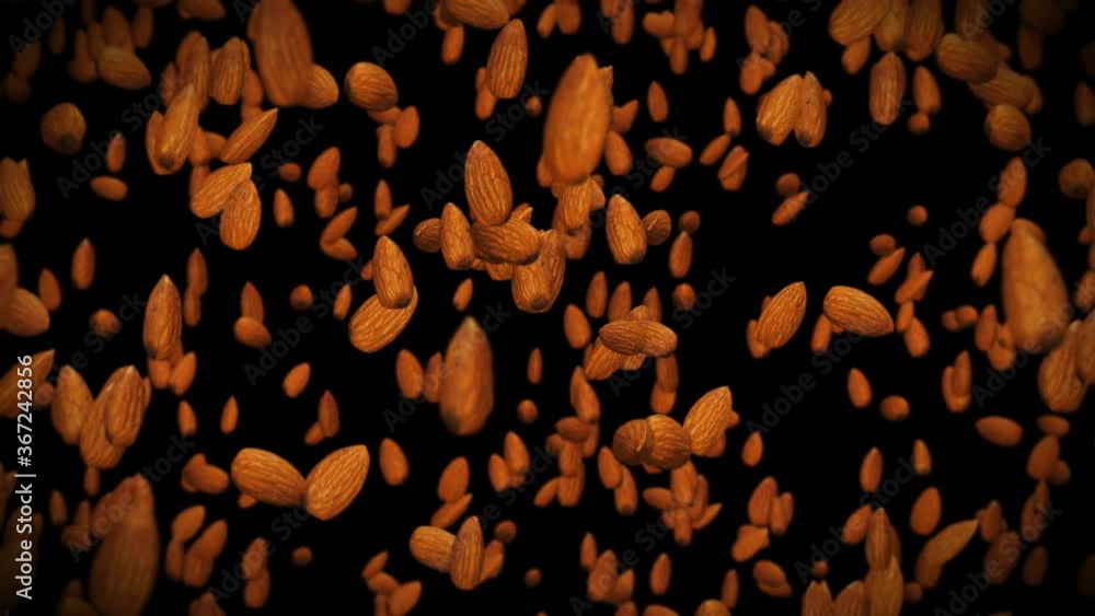 Flying many almonds nuts on black background. Foodstuff, Healthy food, Diet. 3D animation of almond rotating. Loop animation. Flying many almonds nuts on black background. Foodstuff, Healthy food, Diet. 3D animation of almond rotating. Loop animation.
