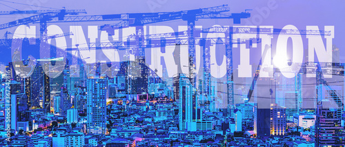 double exposure background of word construction over city background
