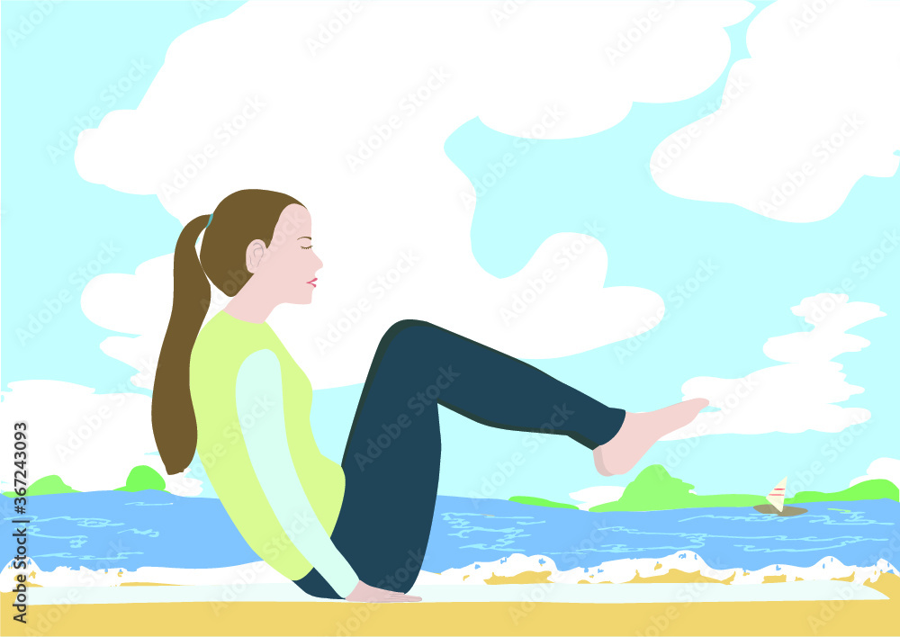 The girl in a ponytail is doing yoga on the beach  vector illustration