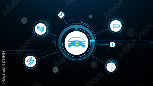 E-mobility. Electric Car Infographic Template with Icons, Smart Technologies