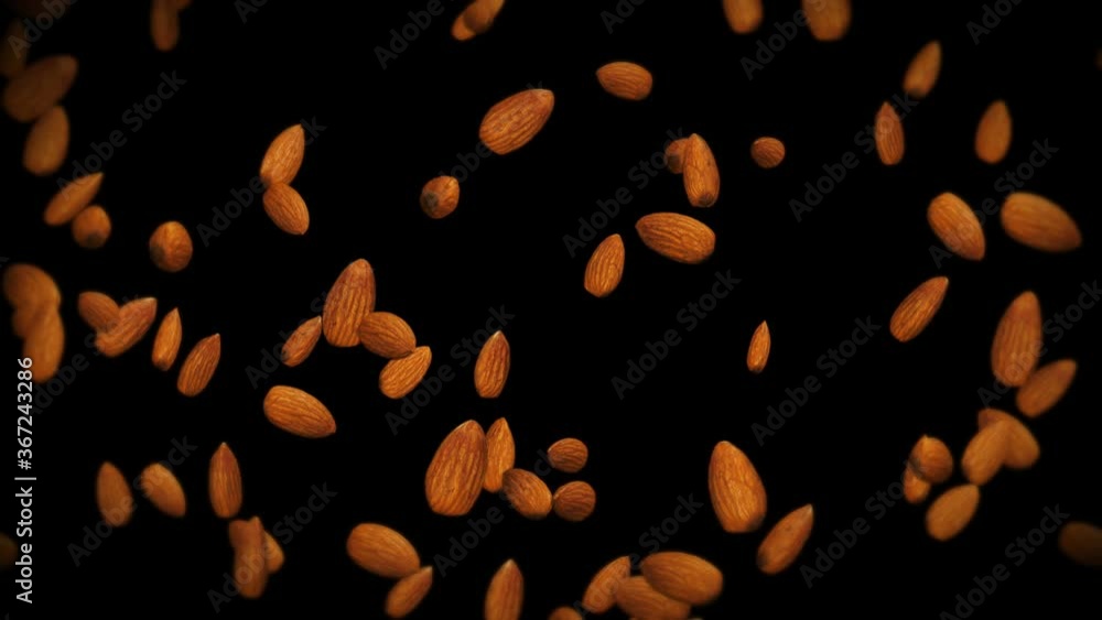 Flying many almonds nuts on black background. Foodstuff, Healthy food, Diet. 3D animation of almond rotating. Loop animation. Flying many almonds nuts on black background. Foodstuff, Healthy food, Diet. 3D animation of almond rotating. Loop animation.