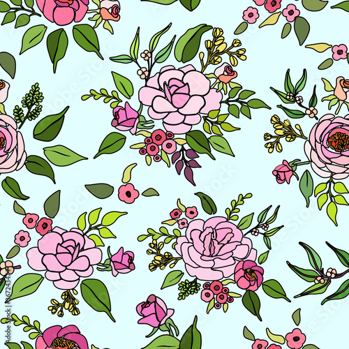 Pink roses bouquets black outline cartoon illustration with light sky blue background.