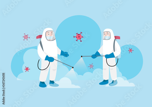 Worker in protective hazmat suit spraying cleaning and disinfecting virus, COVID-19, nCoV coronavirus disinfects, vector illustration in flat style