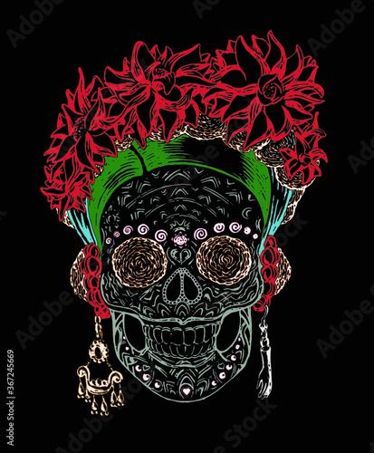 Foto Women's skull with ethnic decor jewellery and flowers vector hand drawing on bla
