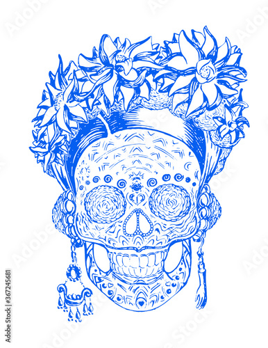 Foto Women's skull with ethnic decor jewellery and flowers vector hand drawing