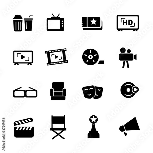 Set movie and cinema related icons draw in black design isolated on white background 