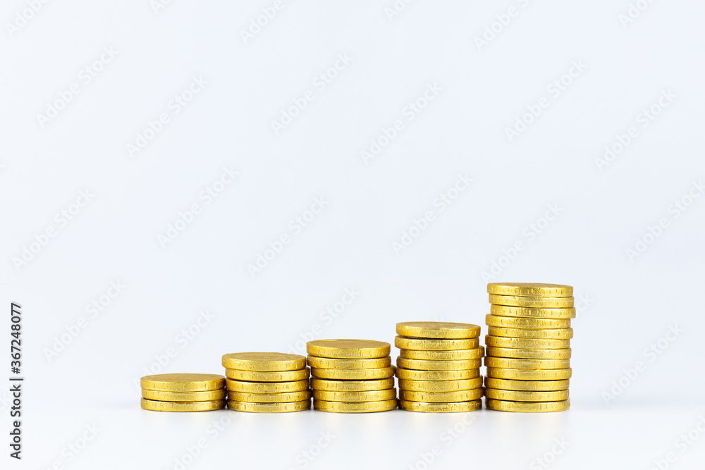 Gold coins stacks on white background. Money coins for financial, business growth concept. Investment and saving concept Gold coins stacks on white background. Money coins for financial, business growth concept. Investment and saving concept