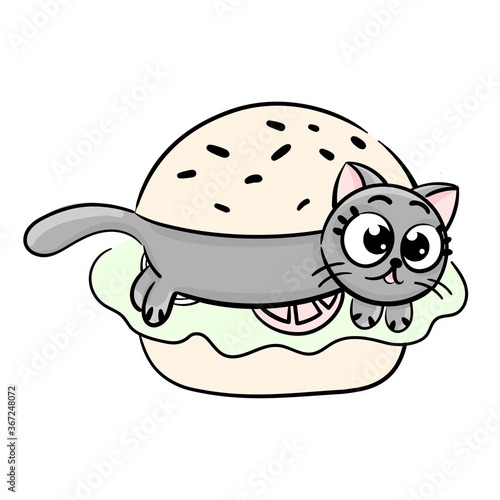  ute cat in a Burger. Hand drawn vector illustration. Sketch cartoon style