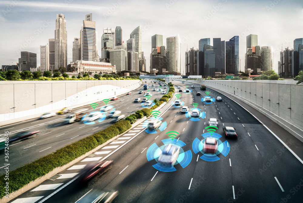 Autonomous car sensor system concept for safety of driverless mode car control . Future adaptive cruise control sensing nearby vehicle and pedestrian . Smart transportation technology . - obrazy, fototapety, plakaty 
