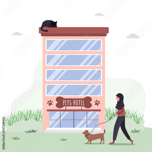 Pets hotel. Veterinary hospital services and domestic animals hotels. Dogs grooming and health check center. Vet clinic, robotic pet sitters metaphors. Vector illustrations in flat style.