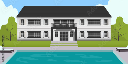 Swimming Pool In Backyard Mansion House Cartoon Background Illlustration