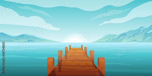 Bridge wood In lakeside With Beautiful sunrise Mountain View Background Illustration