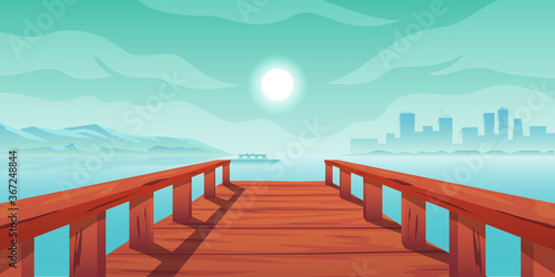 Bridge wood In lakeside With Beautiful sunrise Mountain and Town City View Background Illustration