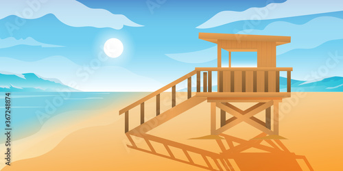 House Life Guard In Beach With Mountain Background Cartoon Illustration
