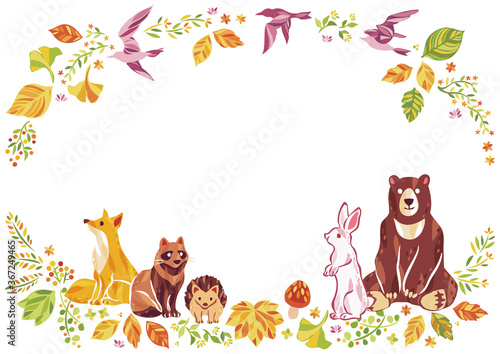 秋の紅葉や落ち葉や動物のイラストフレーム Stock Vector Adobe Stock