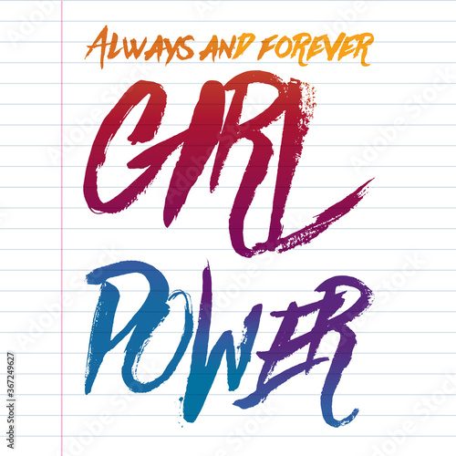 Girl power text, feminism slogan. Black inscription for t shirts, posters and wall art. Feminist sign handwritten with ink and brush.