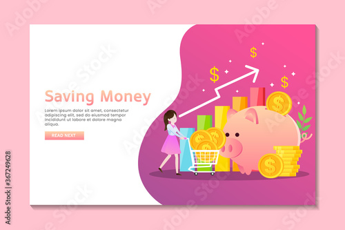 Saving money landing page with woman and a pink piggy bank